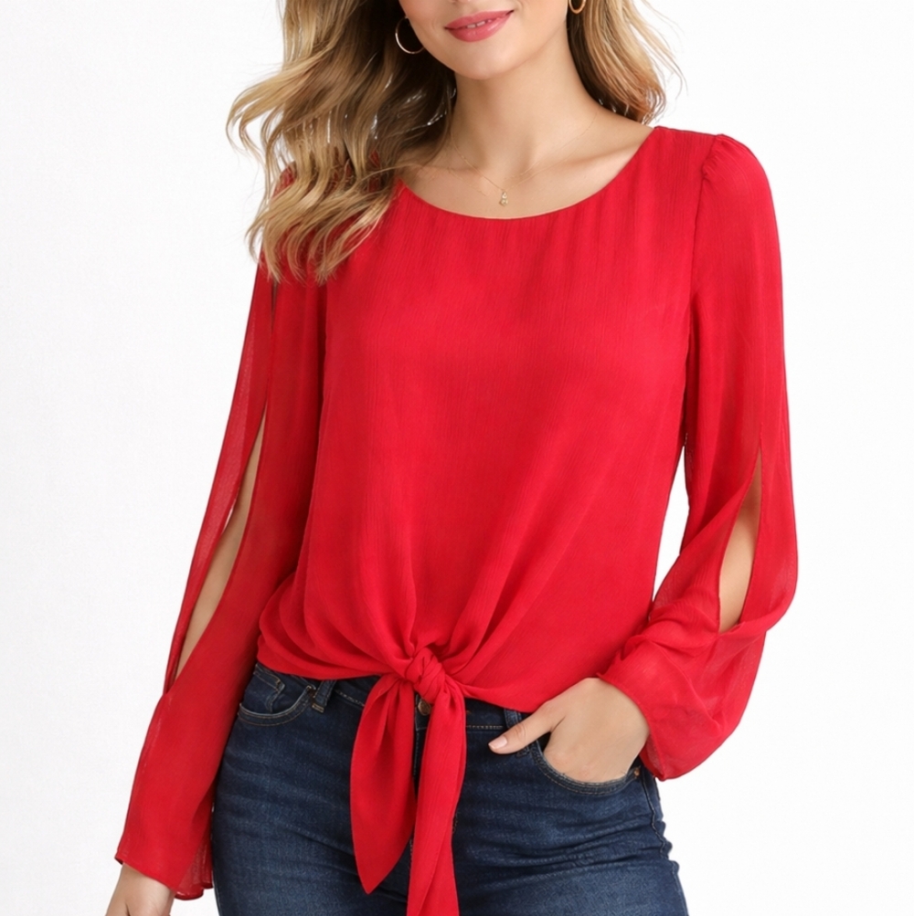 bebe Bright Red Tie-Front Long Sleeve Blouse